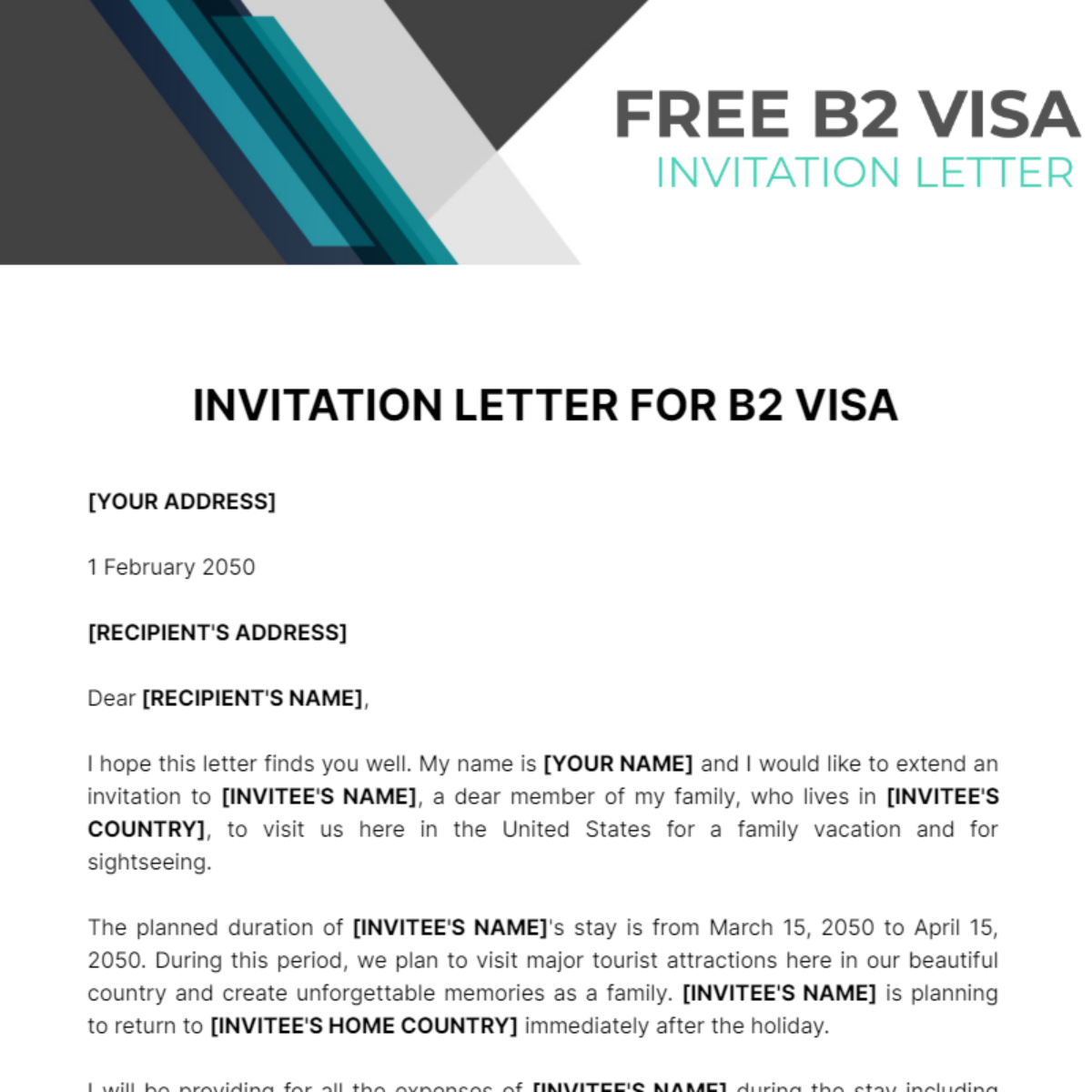 B2 Visa Invitation Letter Template 