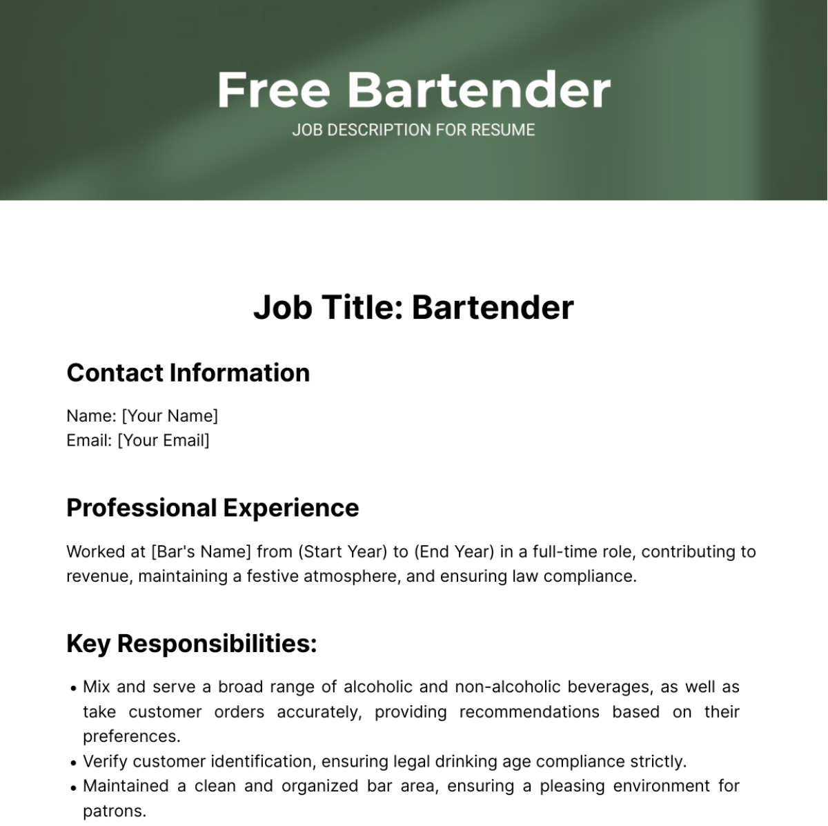 Bartender Job Description for Resume Template