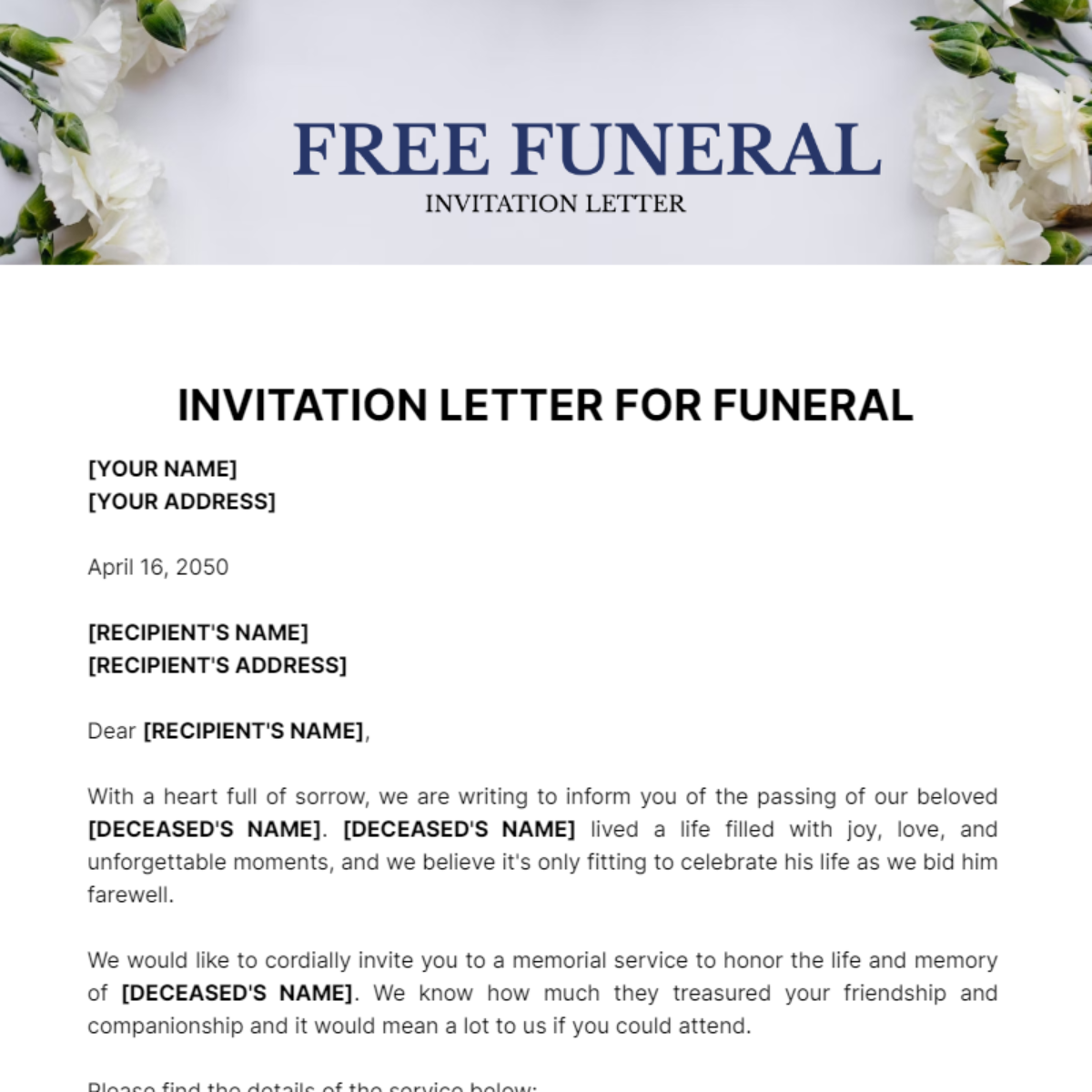Free Funeral Invitation Letter Template 