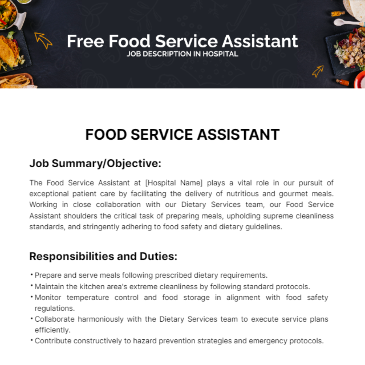 Food Service Assistant Job Description in Hospital Template - Edit Online & Download