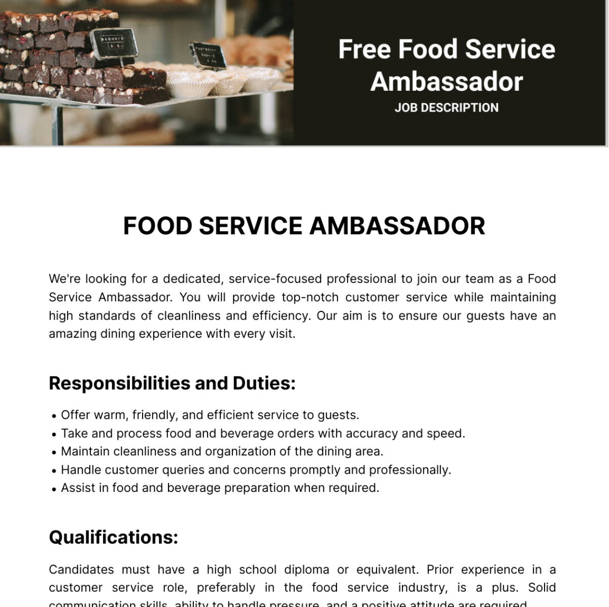 Food Service Ambassador Job Description Template - Edit Online & Download