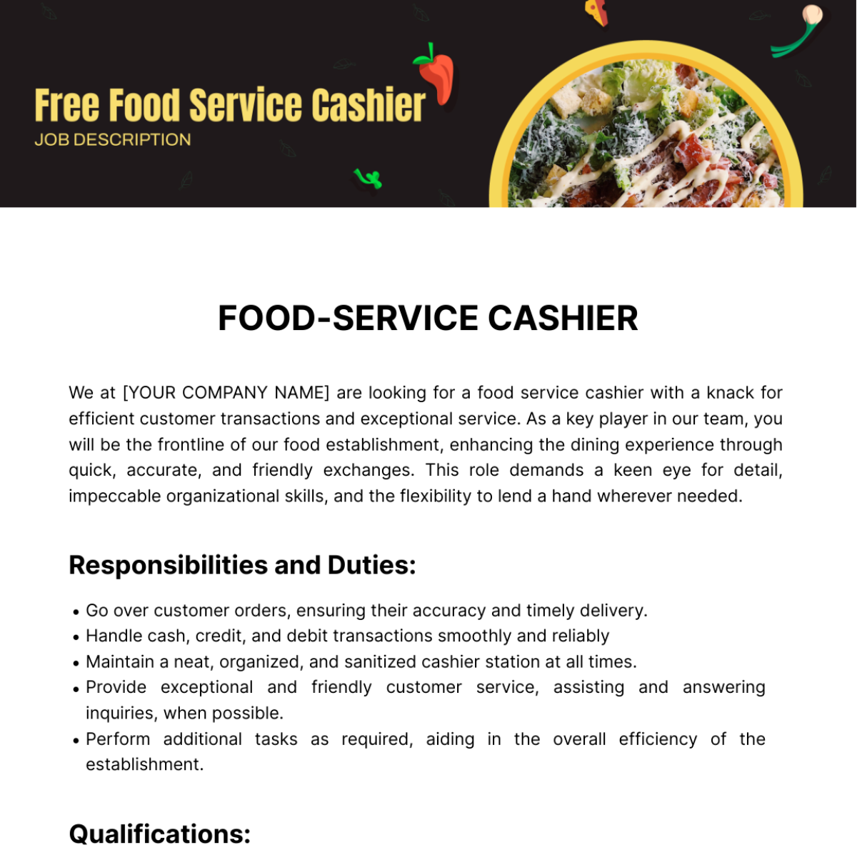 Food Service Cashier Job Description Template - Edit Online & Download