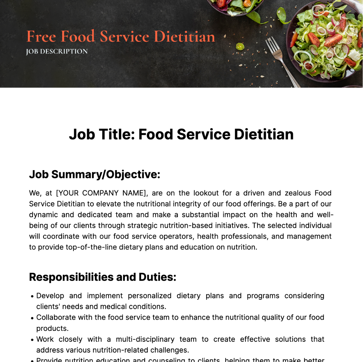 Food Service Dietitian Job Description Template - Edit Online & Download