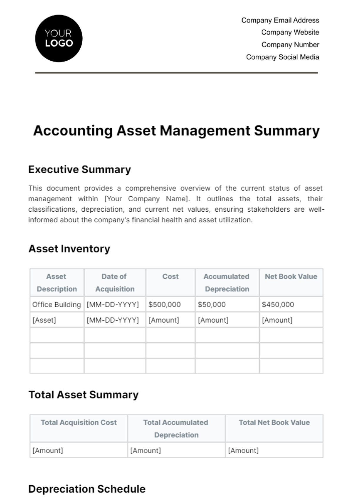 Accounting Asset Management Summary Template