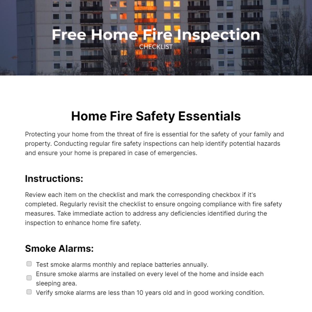 Home Fire Inspection Checklist Template