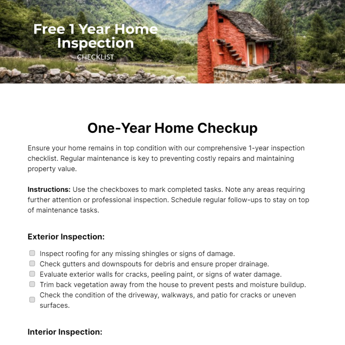 1 Year Home Inspection Checklist Template