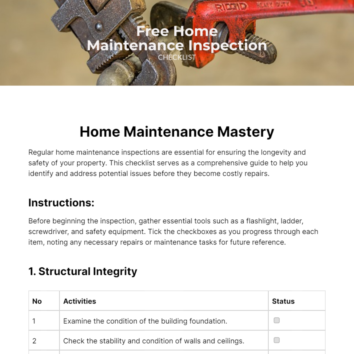 Home Maintenance Inspection Checklist Template
