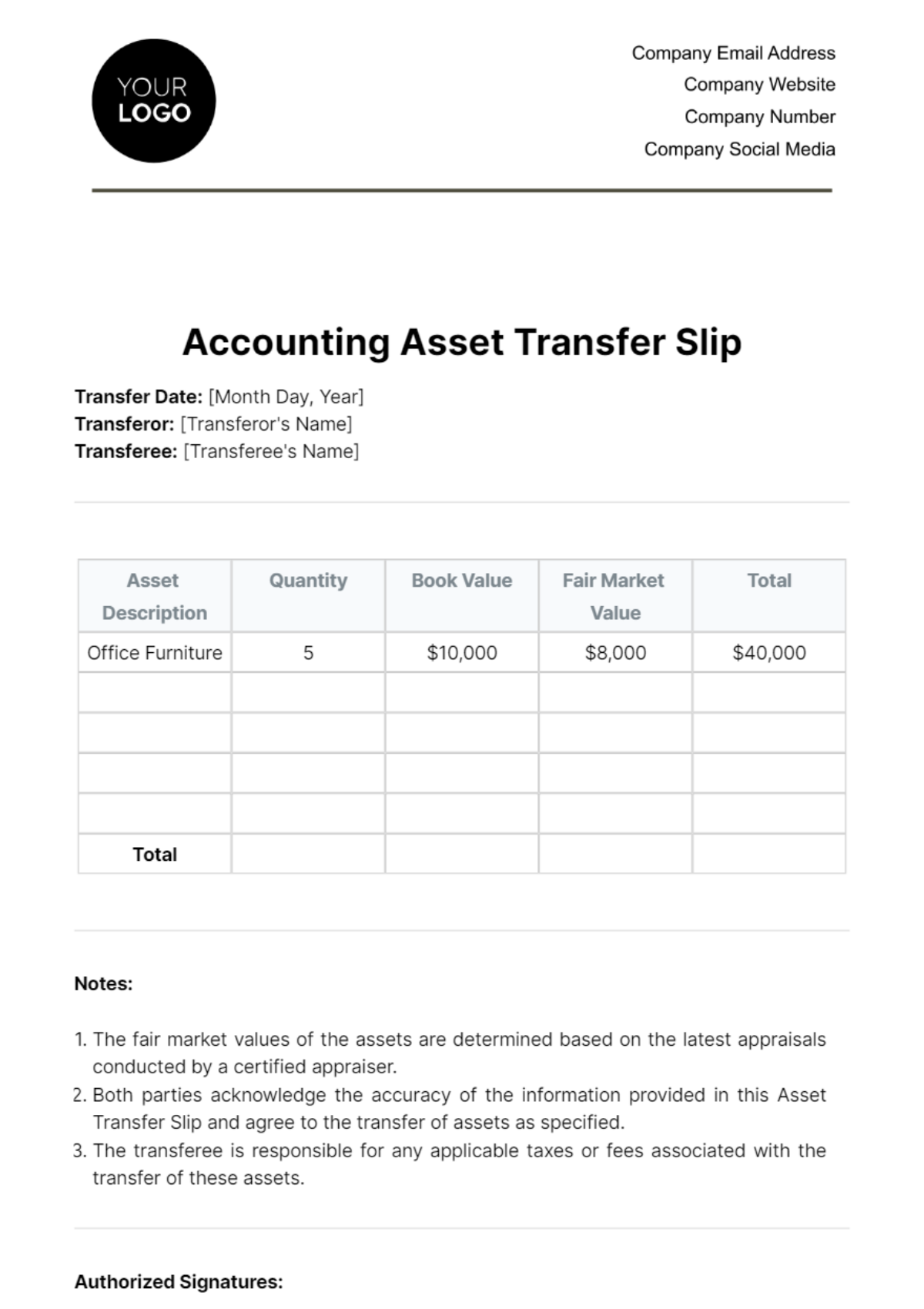 Accounting Asset Transfer Slip Template