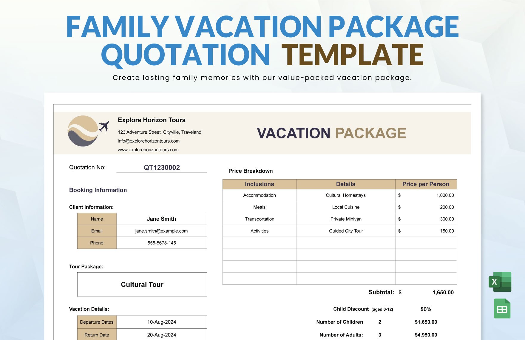 Family Vacation Package Quotation Template
