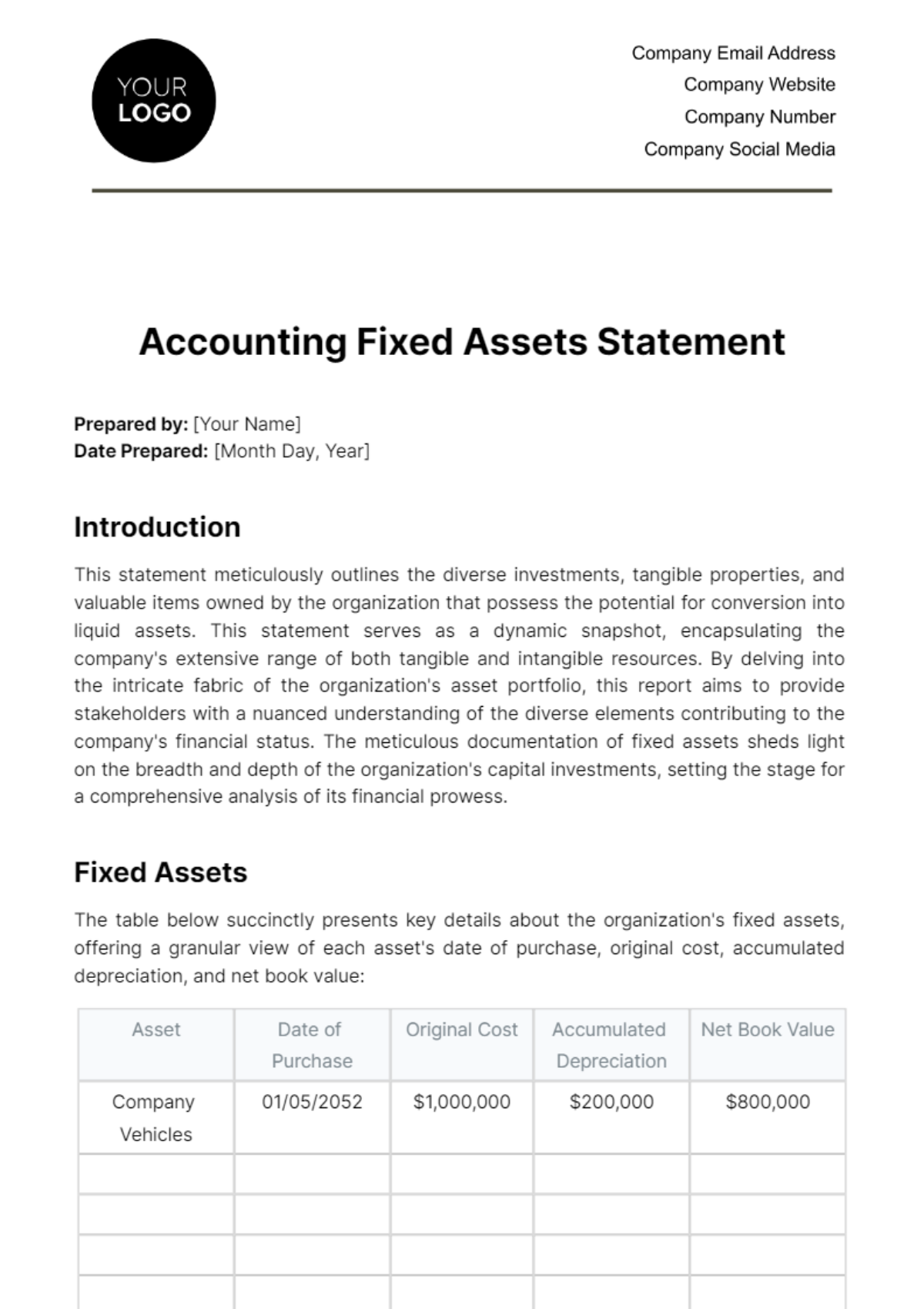 Accounting Fixed Assets Statement Template
