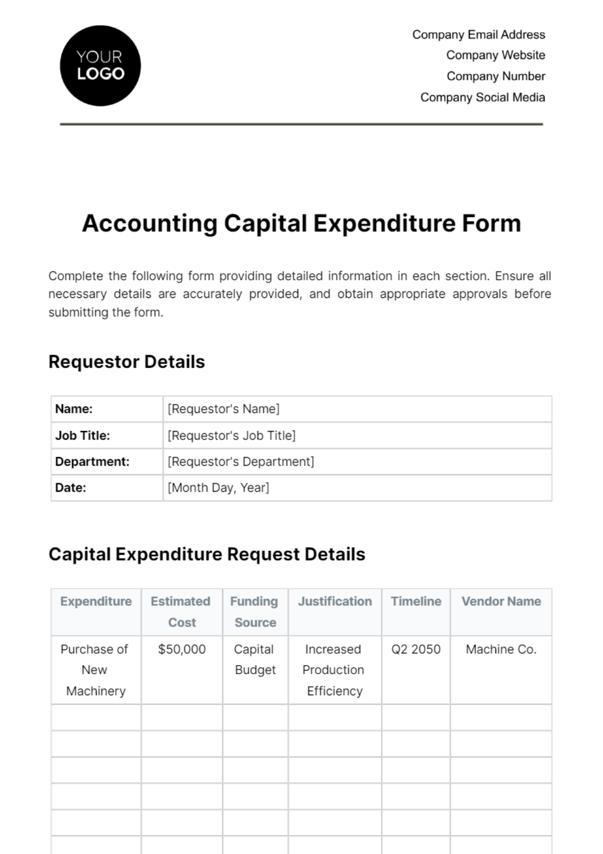 Accounting Capital Expenditure Form Template