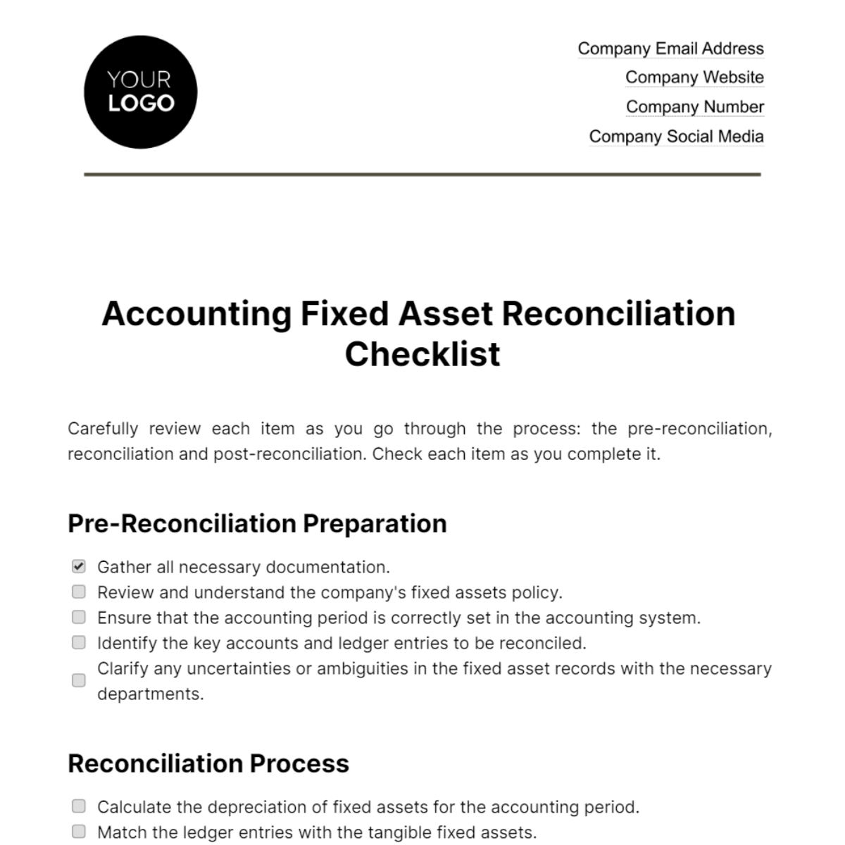 Accounting Fixed Asset Reconciliation Checklist Template - Edit Online & Download