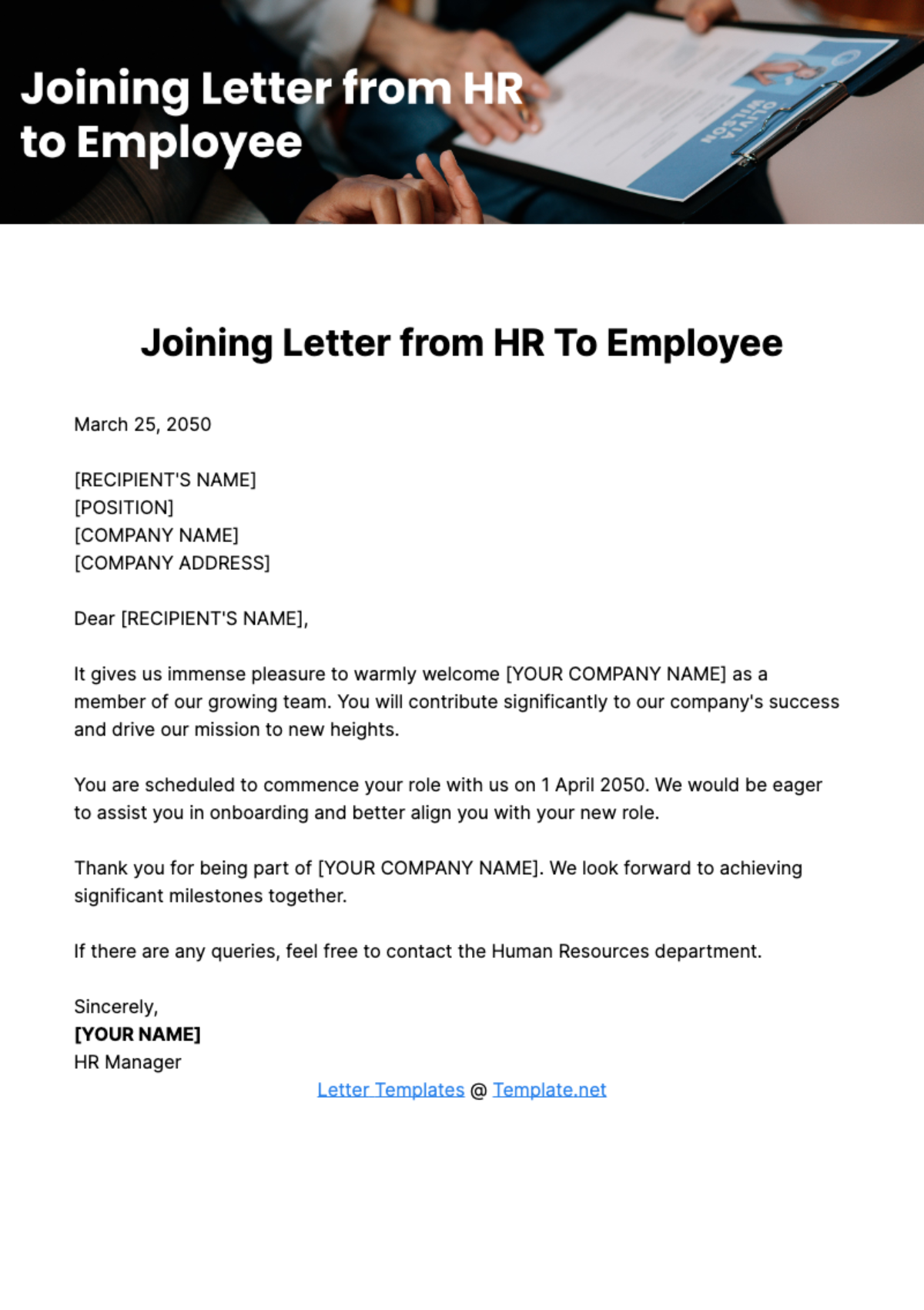 Free Joining Letter from HR to Employee Template