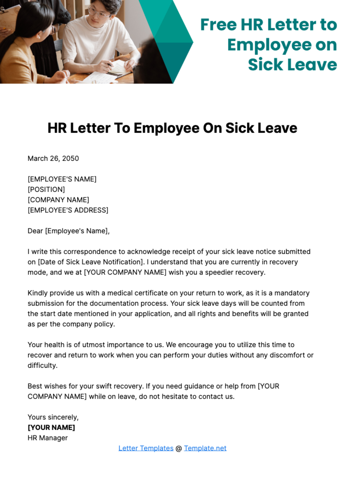 Free HR Letter to Employee on Sick Leave Template