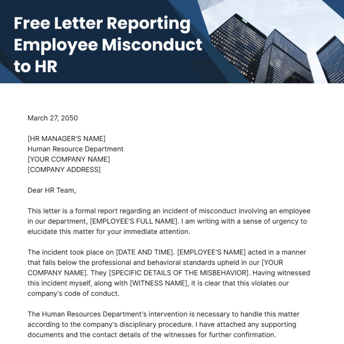 Letter Reporting Employee Misconduct to HR Template