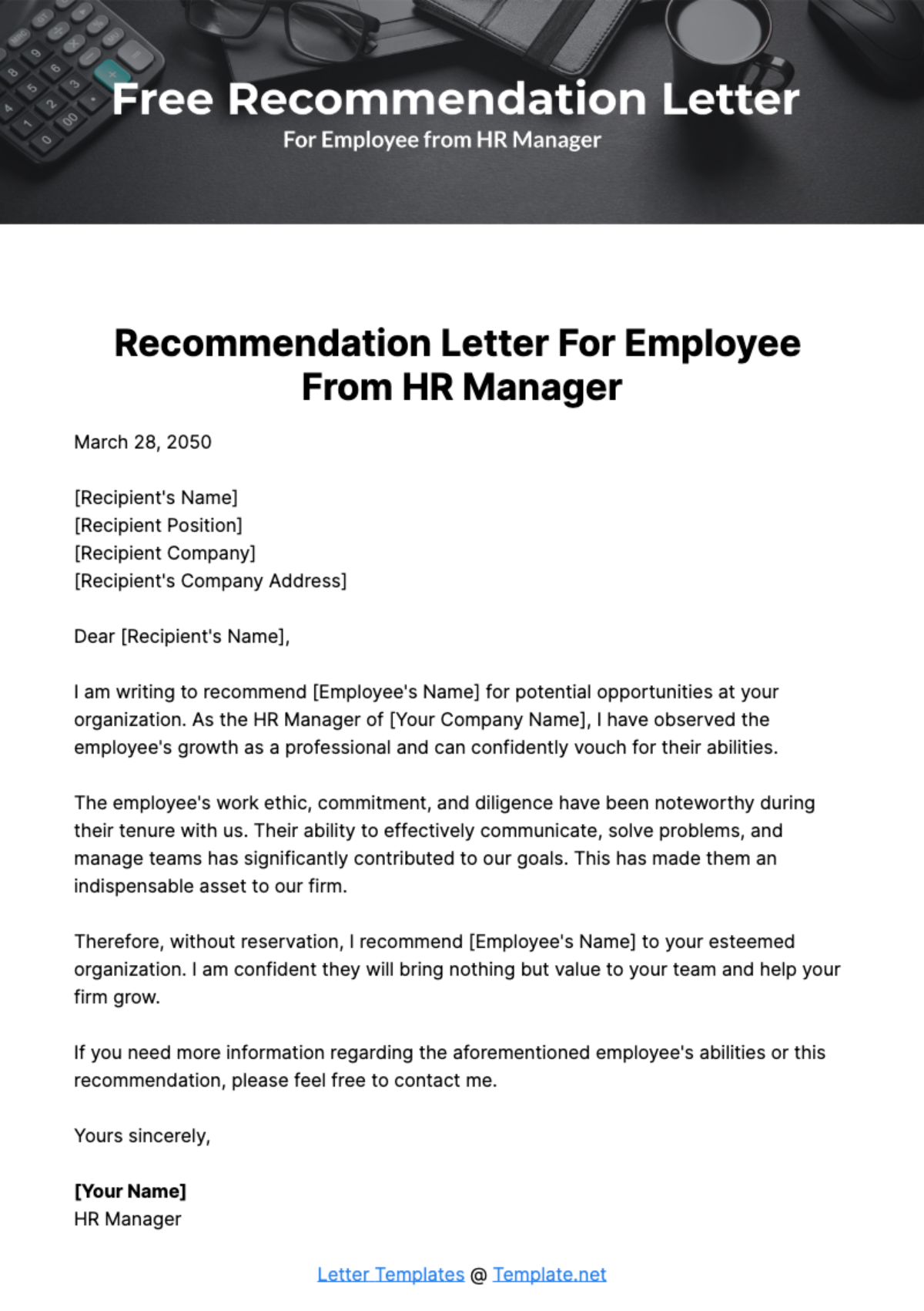 Free Recommendation Letter for Employee from HR Manager Template