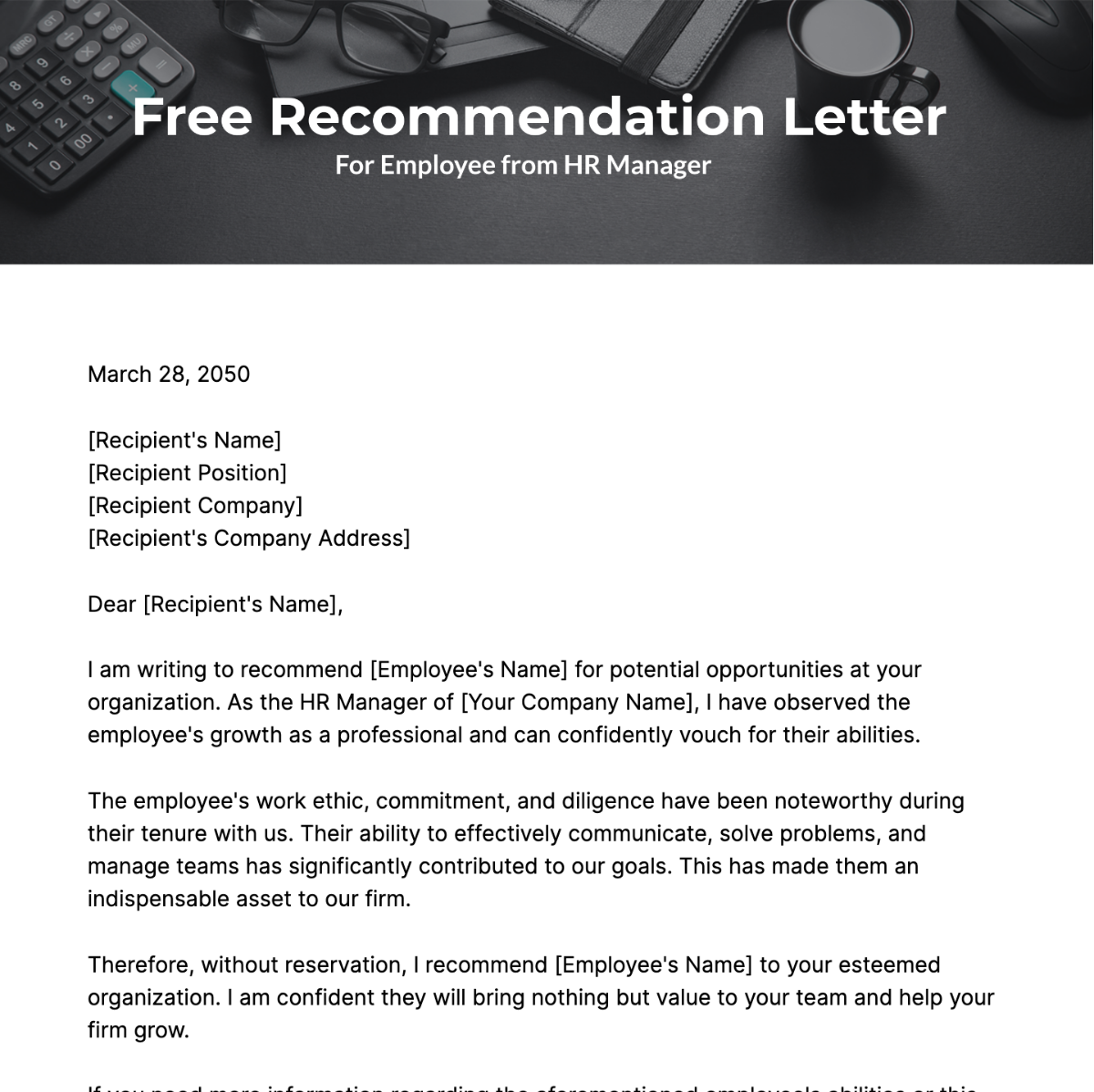 Recommendation Letter for Employee from HR Manager Template