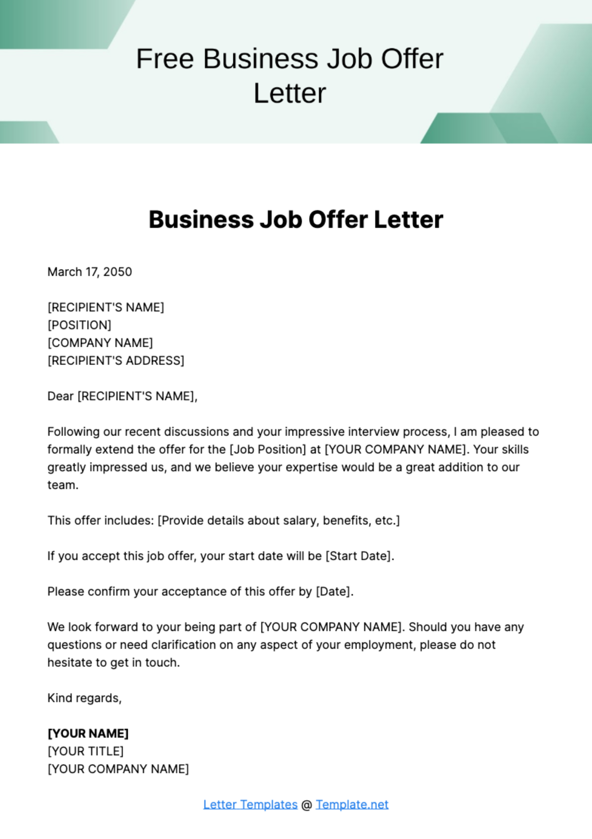 Business Job Offer Letter Template