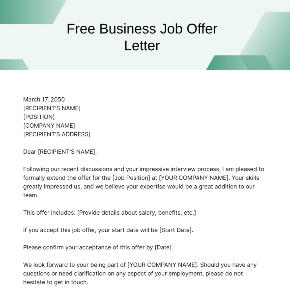 Business Job Offer Letter Template