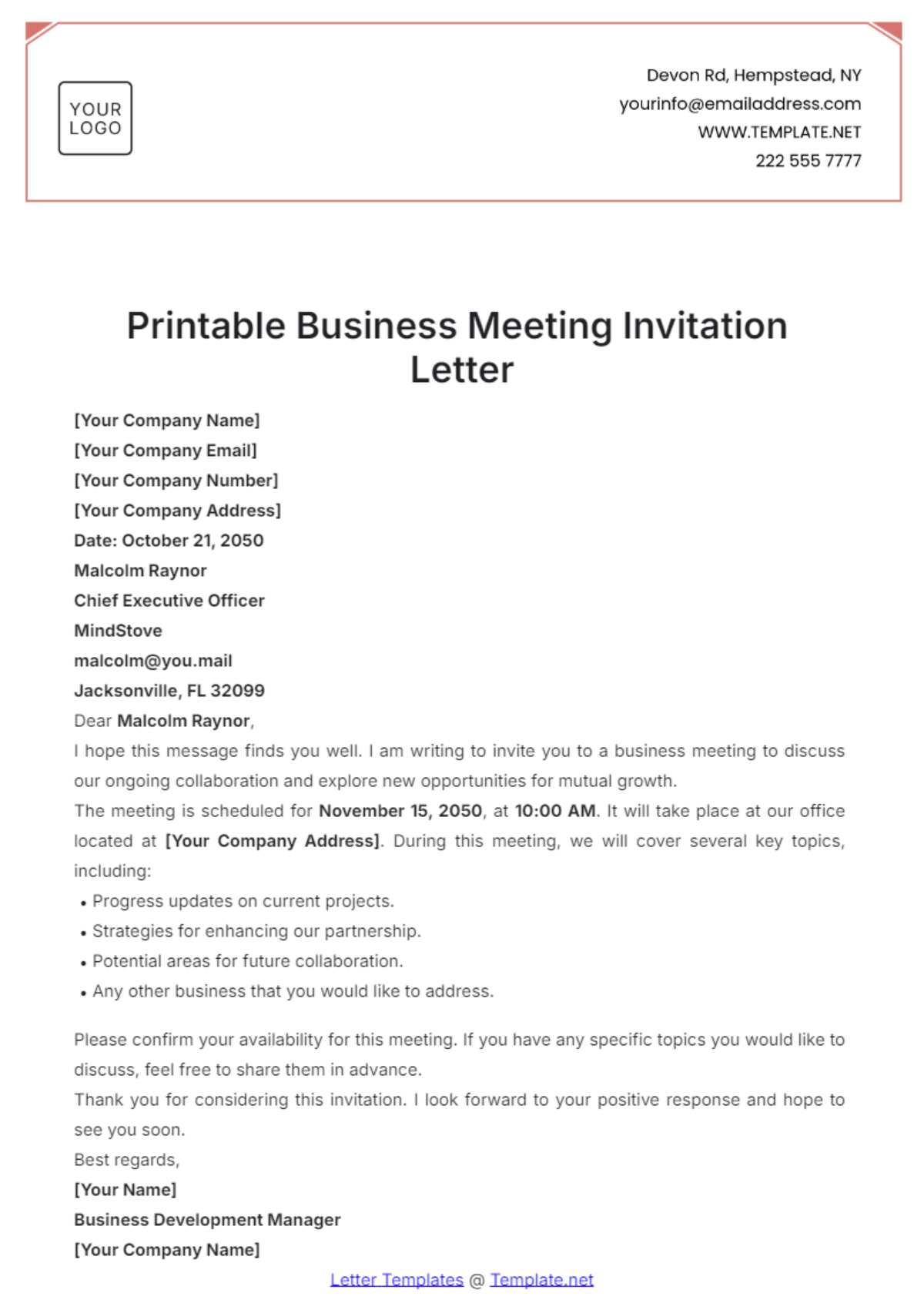 Printable Business Meeting Invitation Letter Template