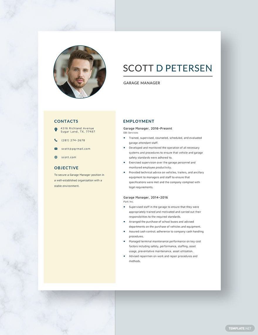 Free Garage Manager Resume in Word, Apple Pages