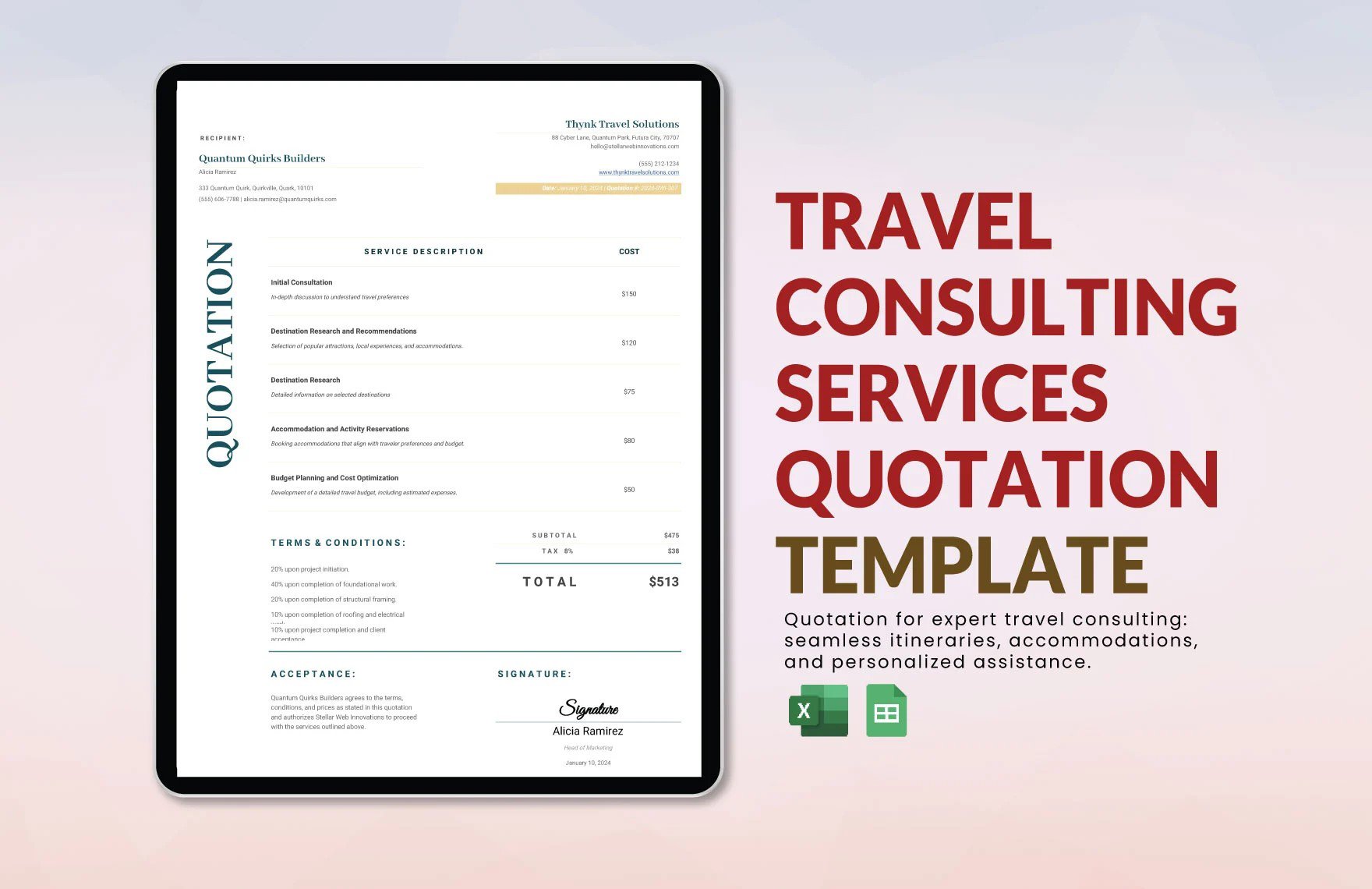 Free Travel Consulting Services Quotation Template in Excel, Google Sheets