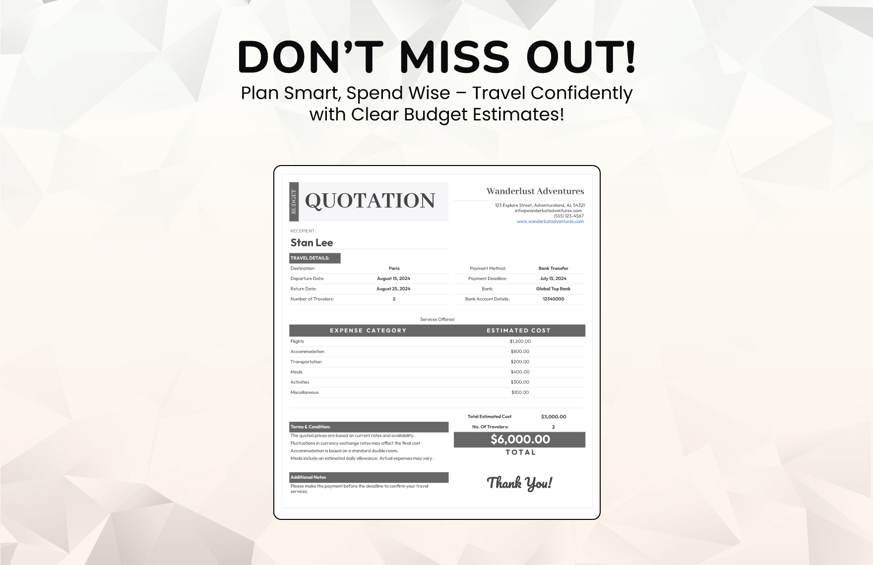 Travel Budget Quotation Template