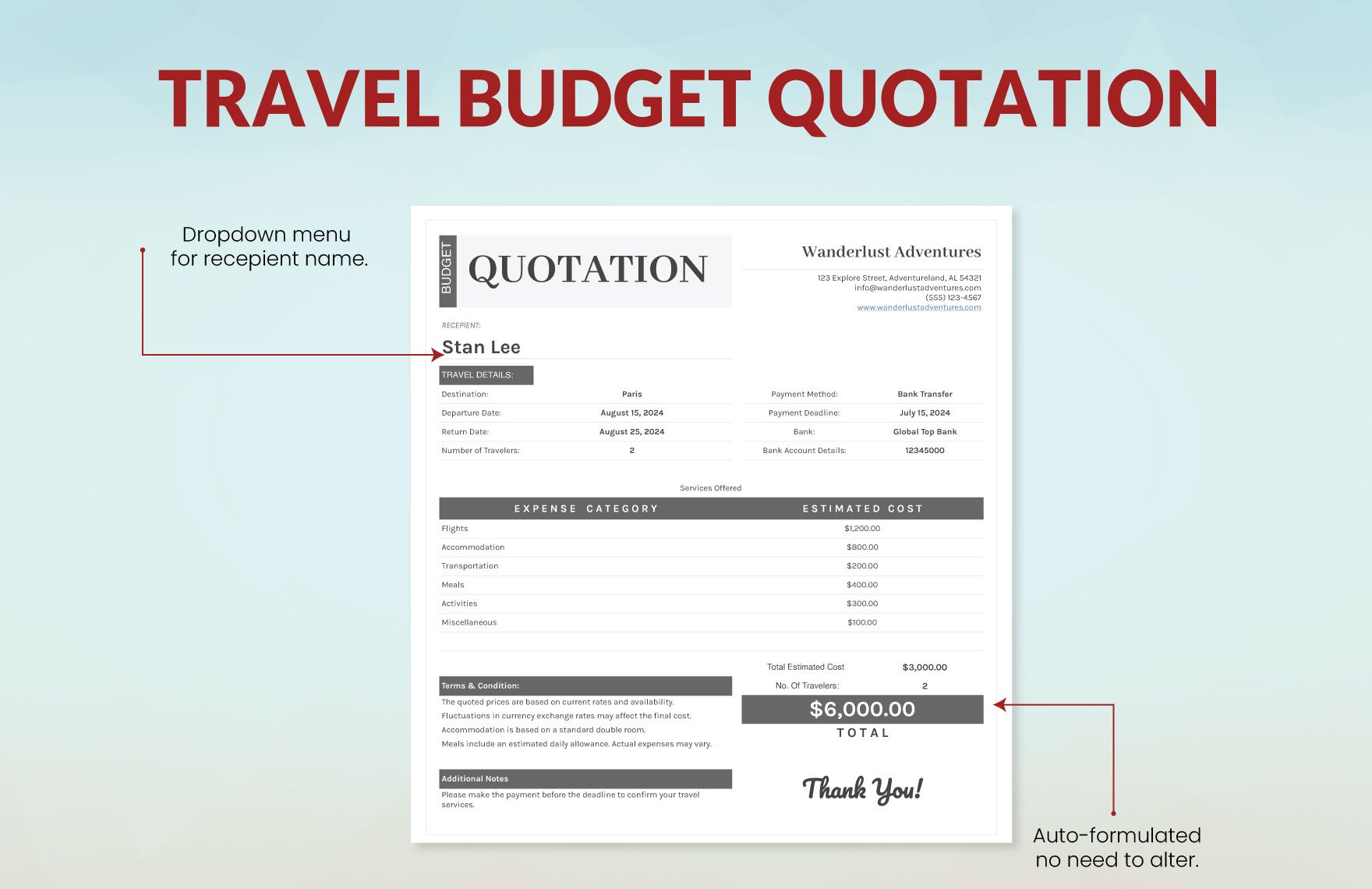 Travel Budget Quotation Template