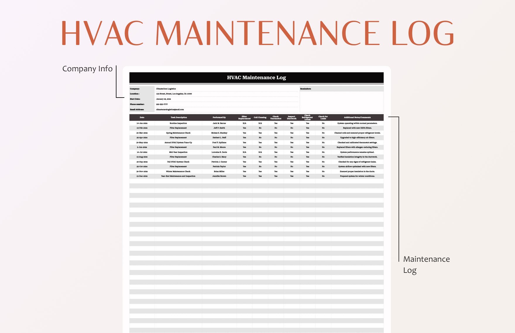 HVAC Maintenance Log Template