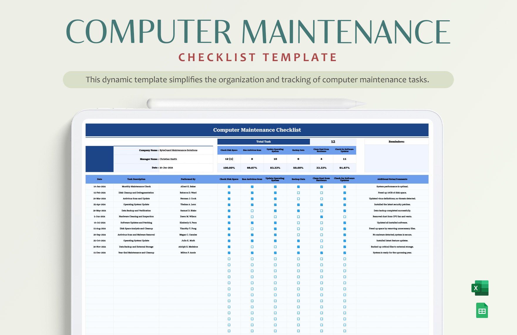 Computer Maintenance Checklist Template