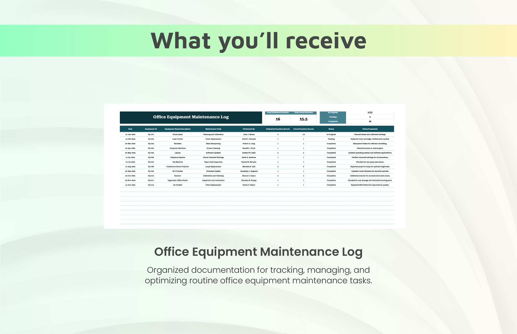 Office Equipment Maintenance Log Template