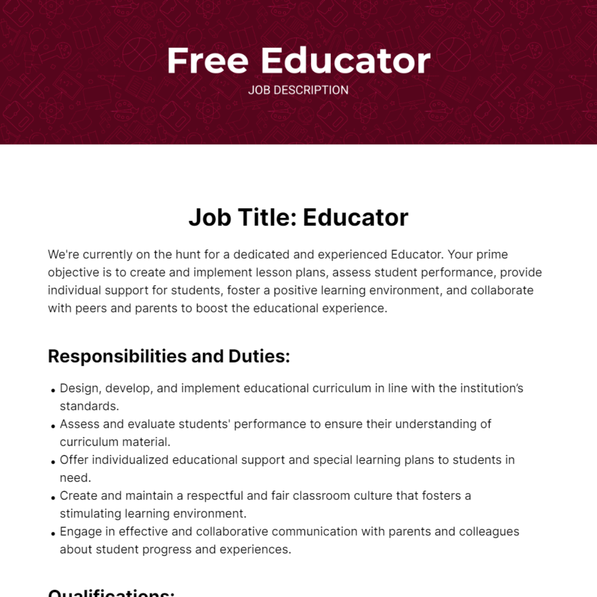 Educator Job Description Template