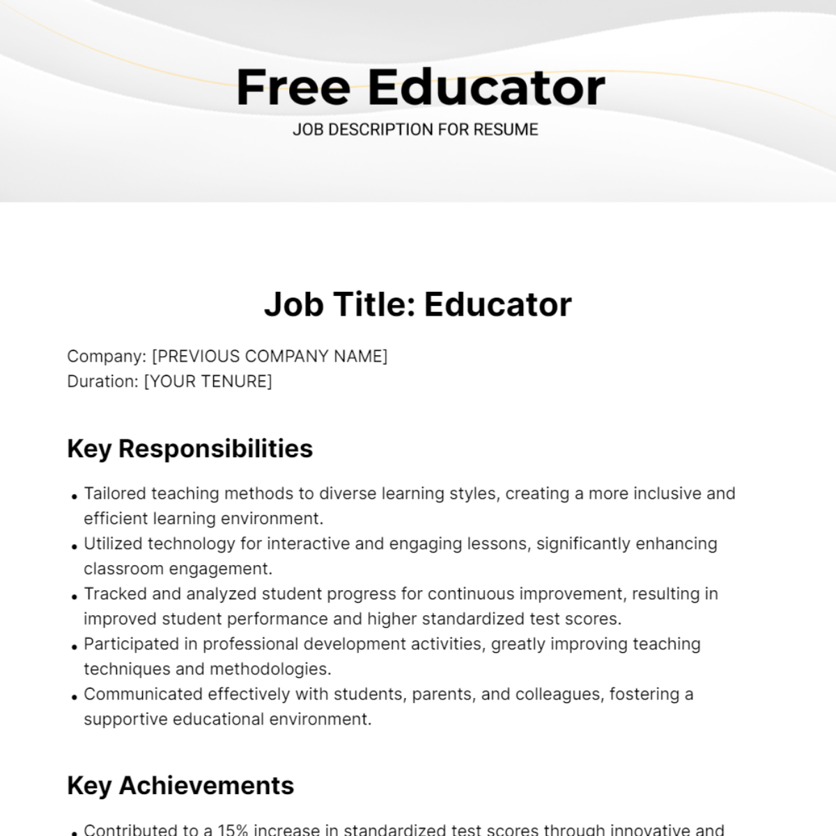 Educator Job Description For Resume Template