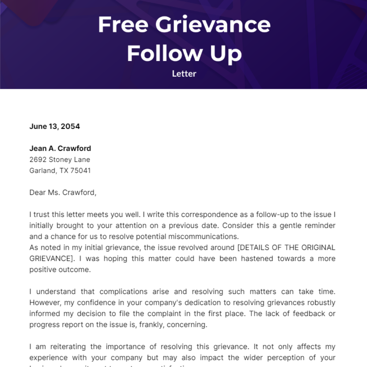 Grievance Follow Up Letter Template