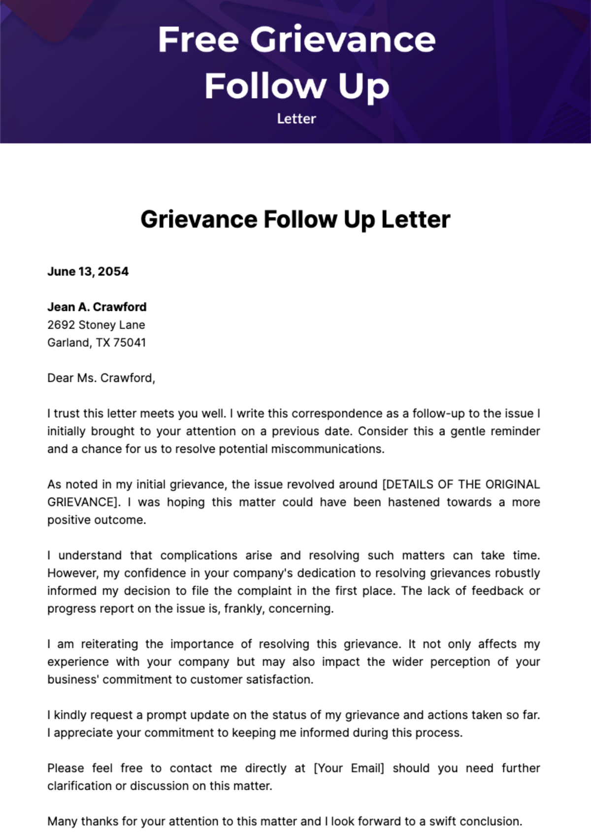 Free Grievance Follow Up Letter Template