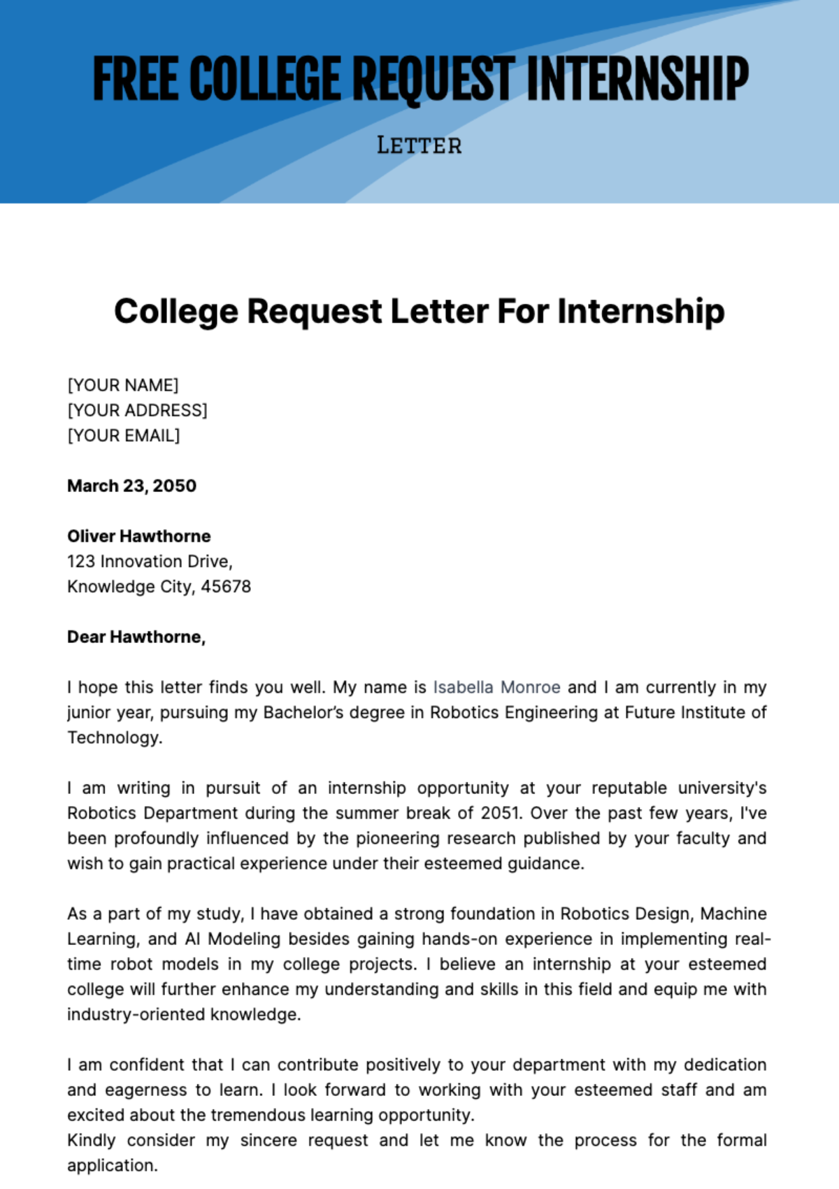 Free College Request Letter for Internship Template