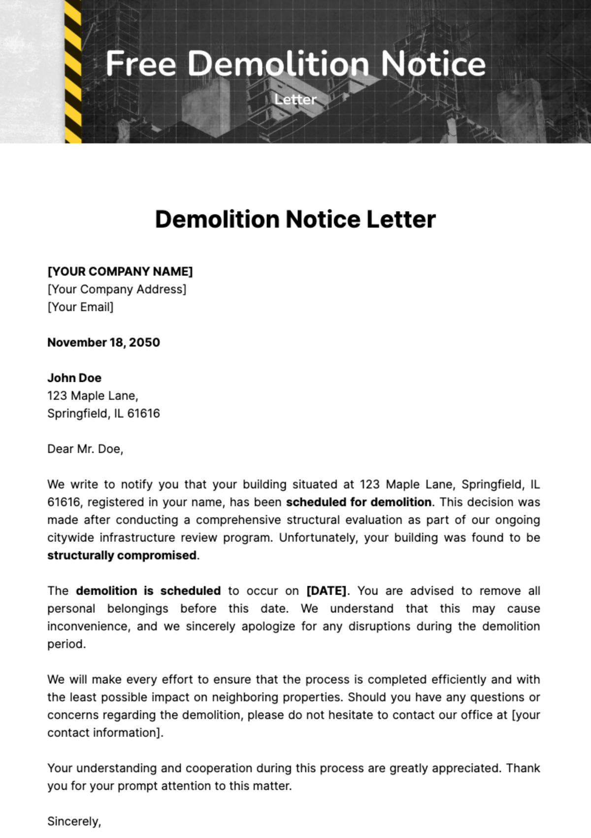 Free Demolition Notice Letter Template