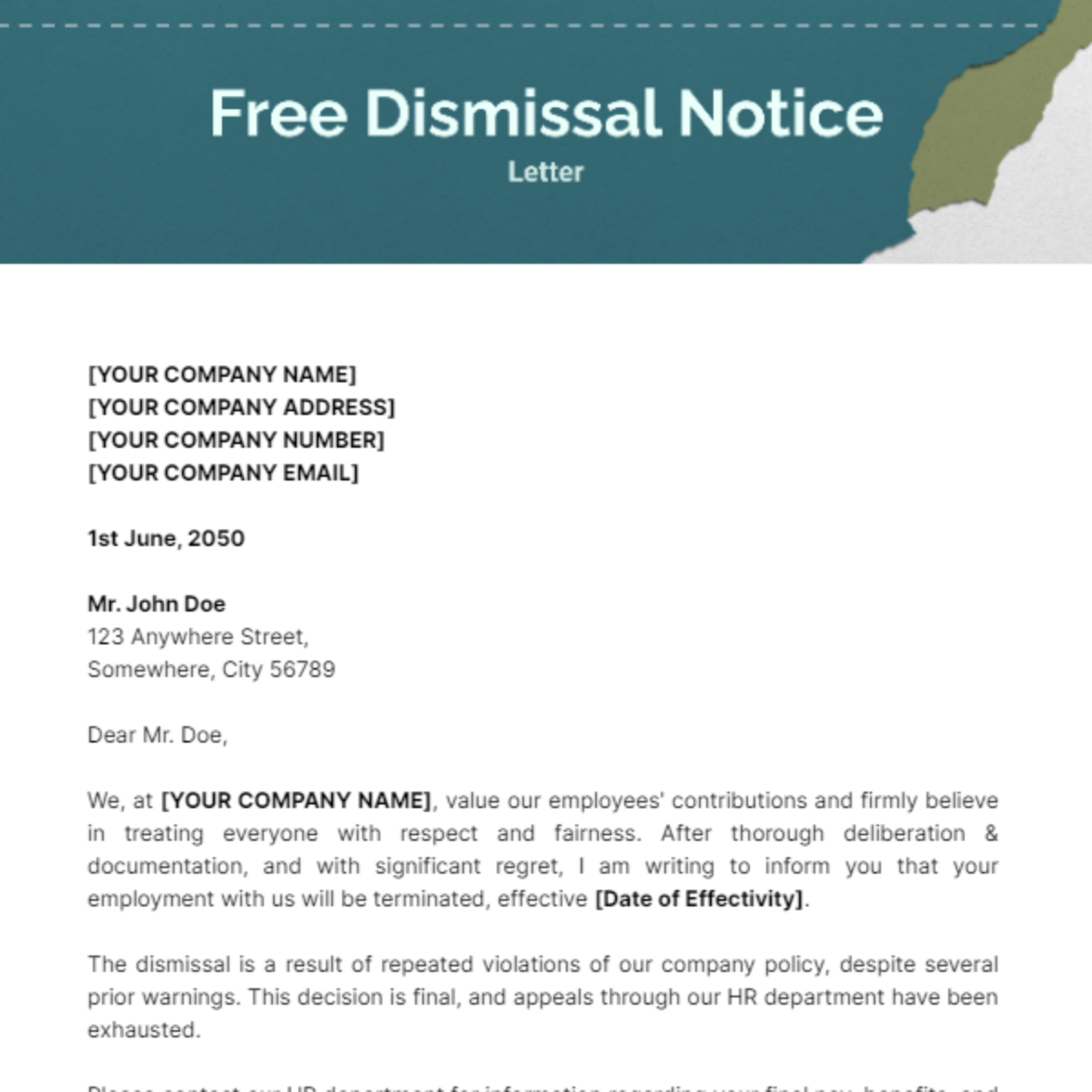 Dismissal Notice Letter Template