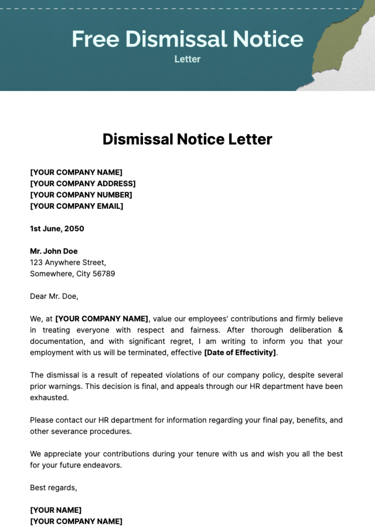 Free Dismissal Notice Letter Template