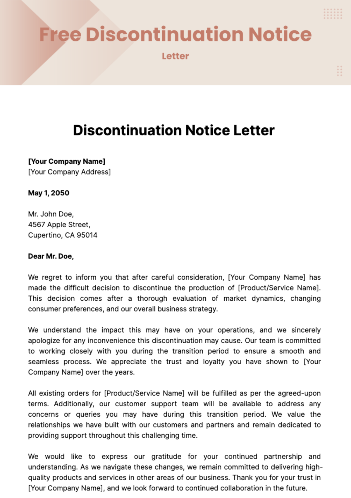 Free Discontinuation Notice Letter Template