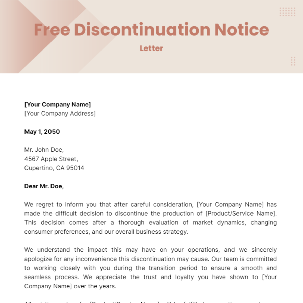 Discontinuation Notice Letter Template