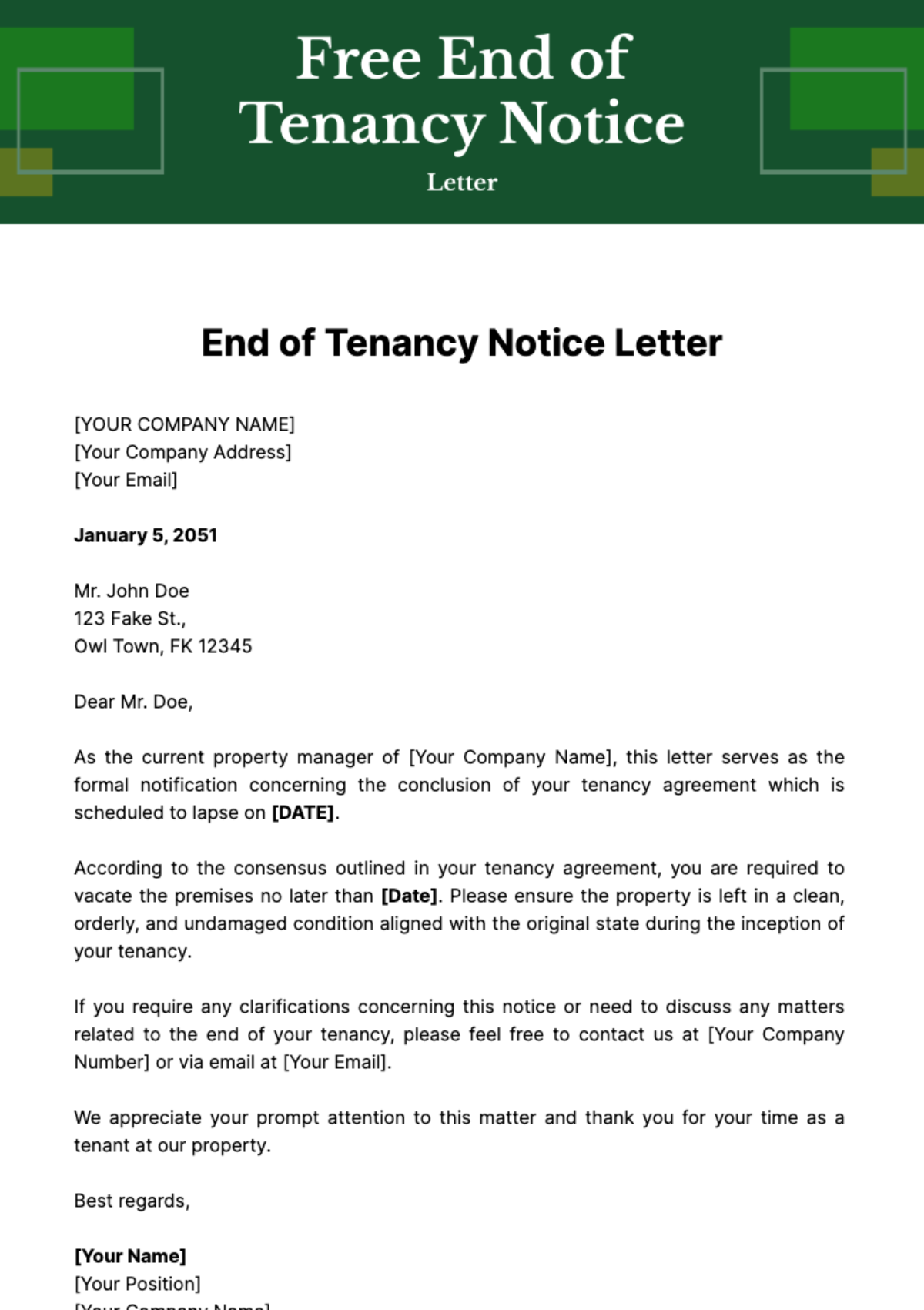 Free End of Tenancy Notice Letter Template