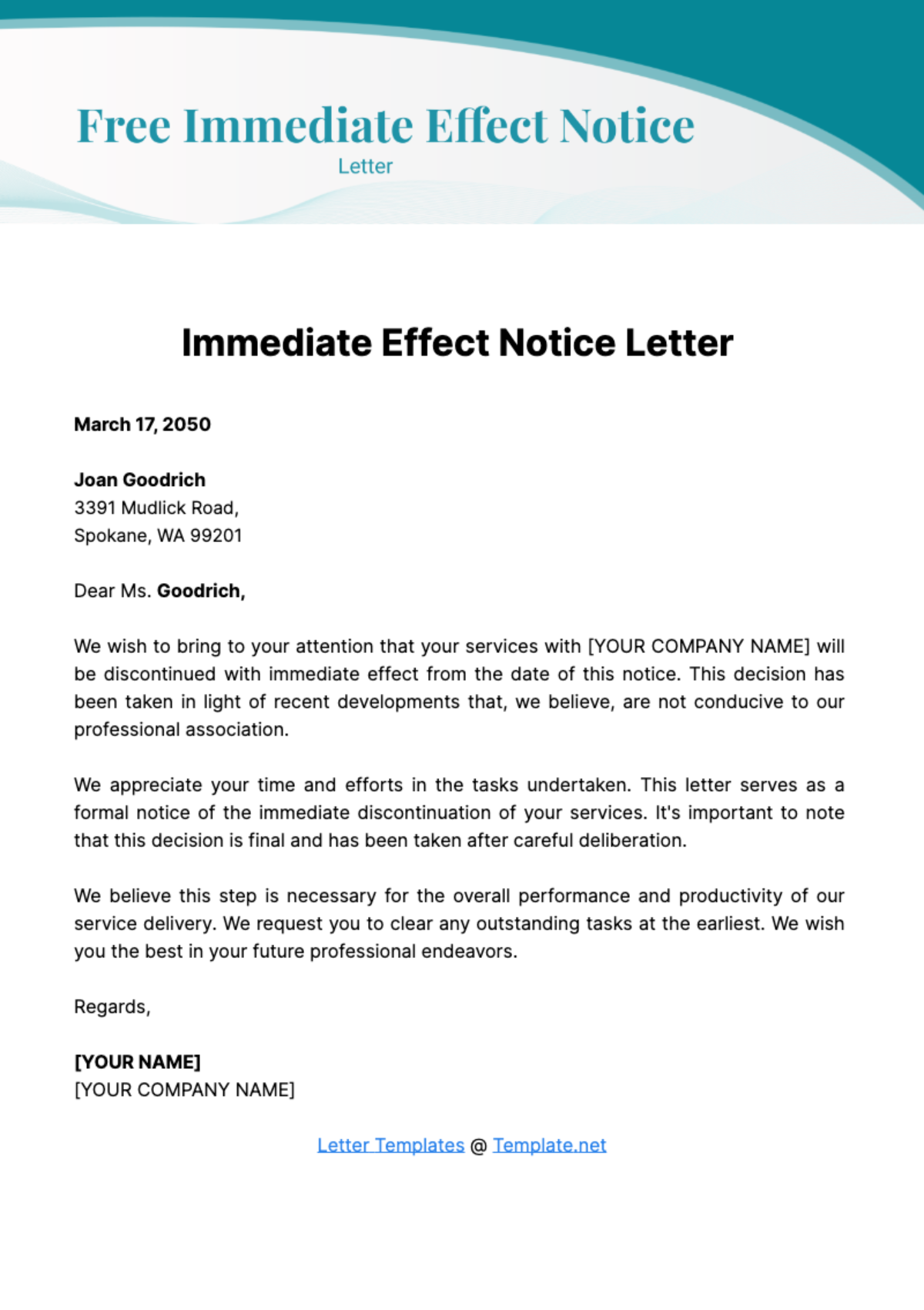 Free Immediate Effect Notice Letter Template