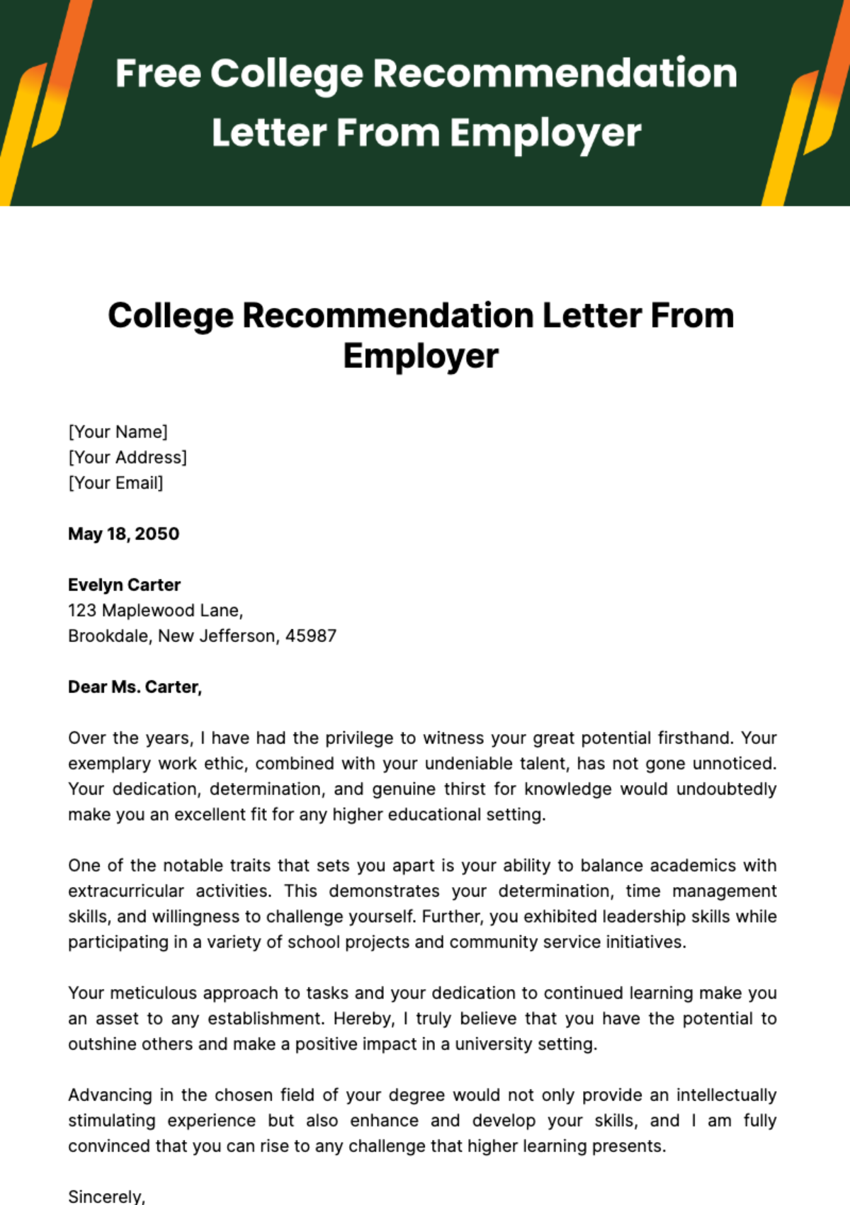 Free College Recommendation Letter from Employer Template