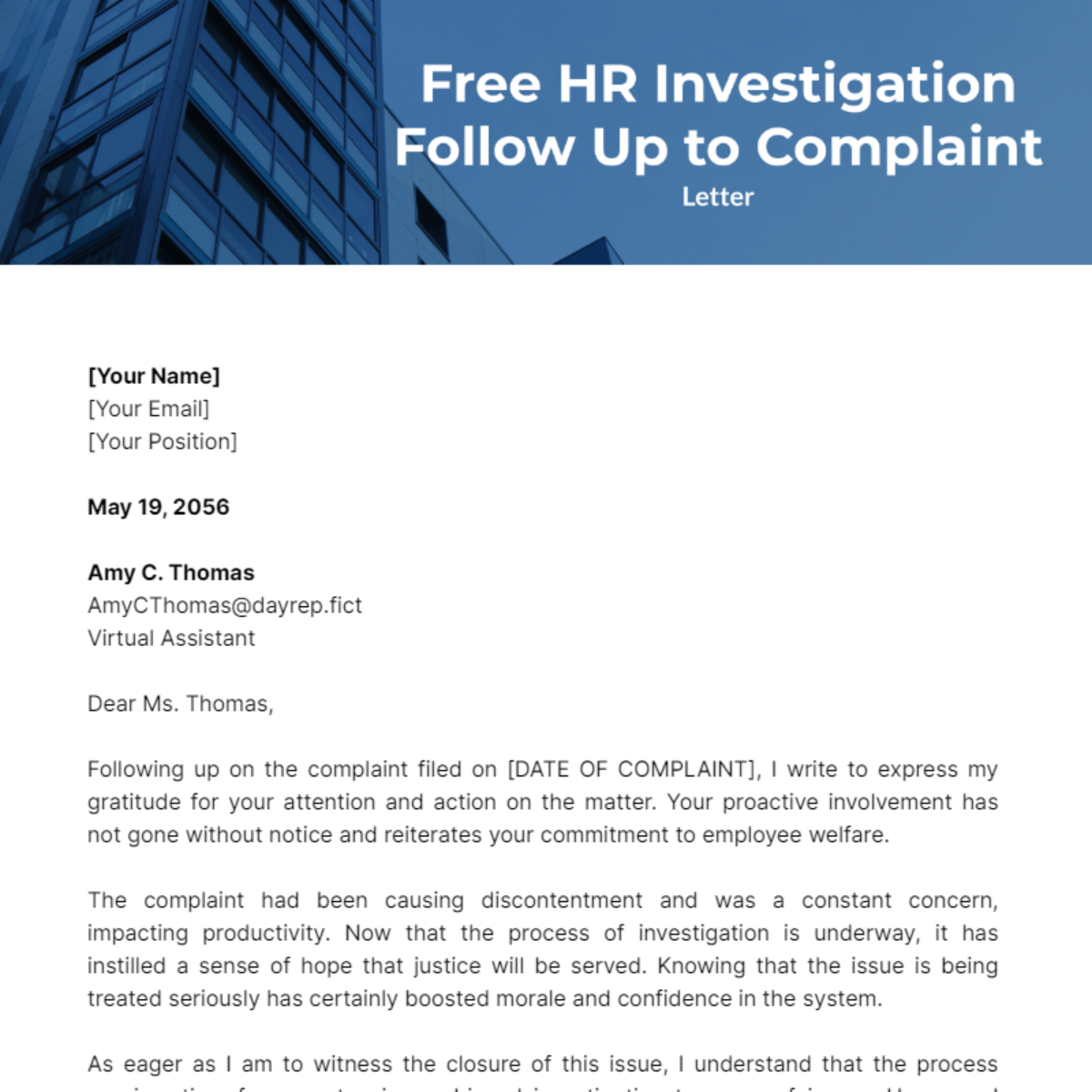 HR Investigation Follow Up Letter to Complaint Template