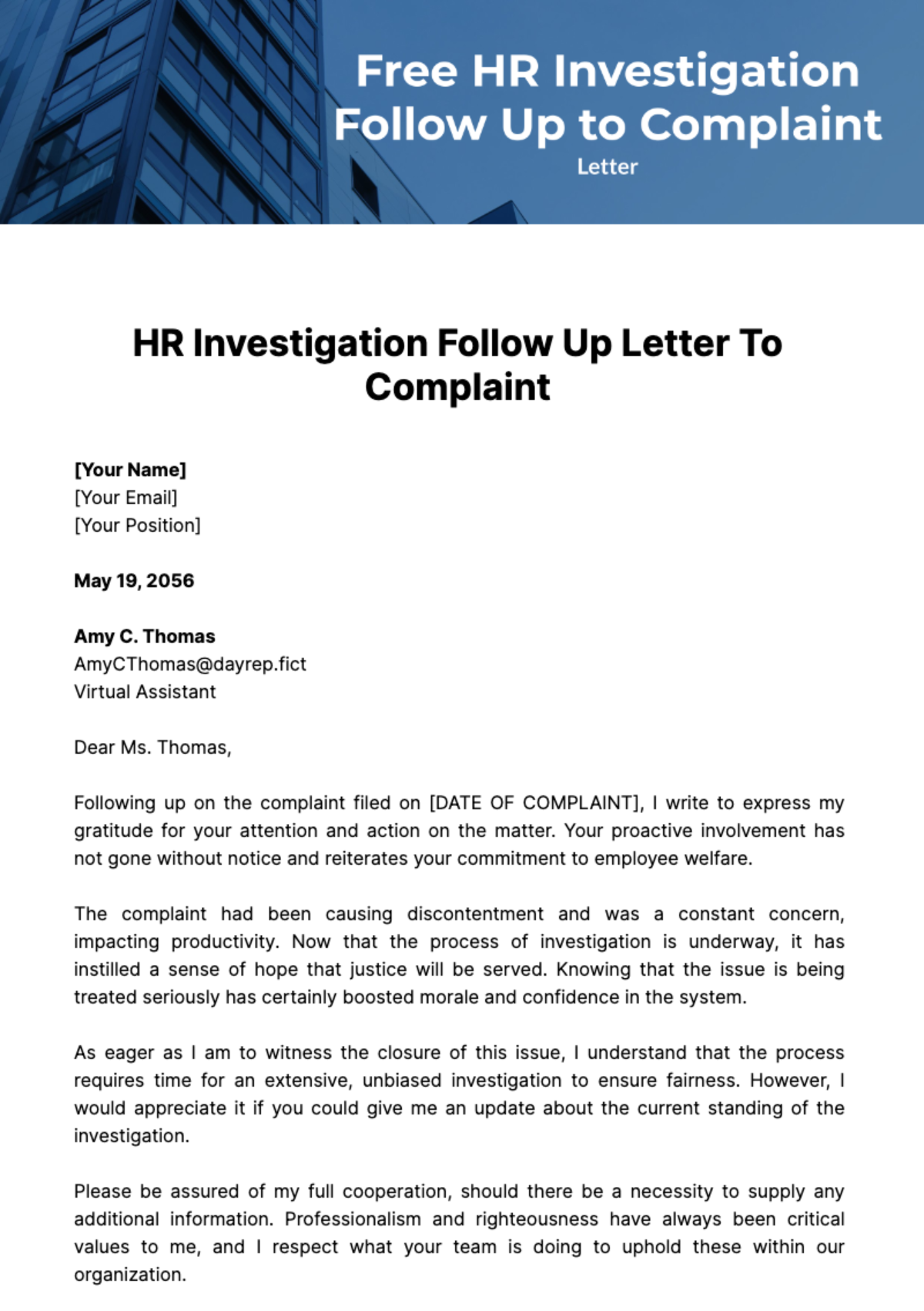 Free HR Investigation Follow Up Letter to Complaint Template