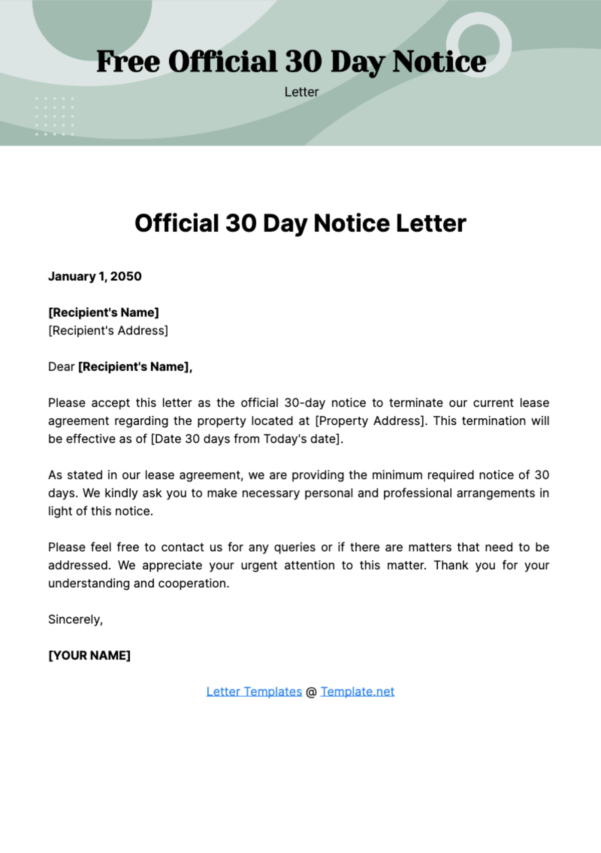 Free Official 30 Day Notice Letter Template