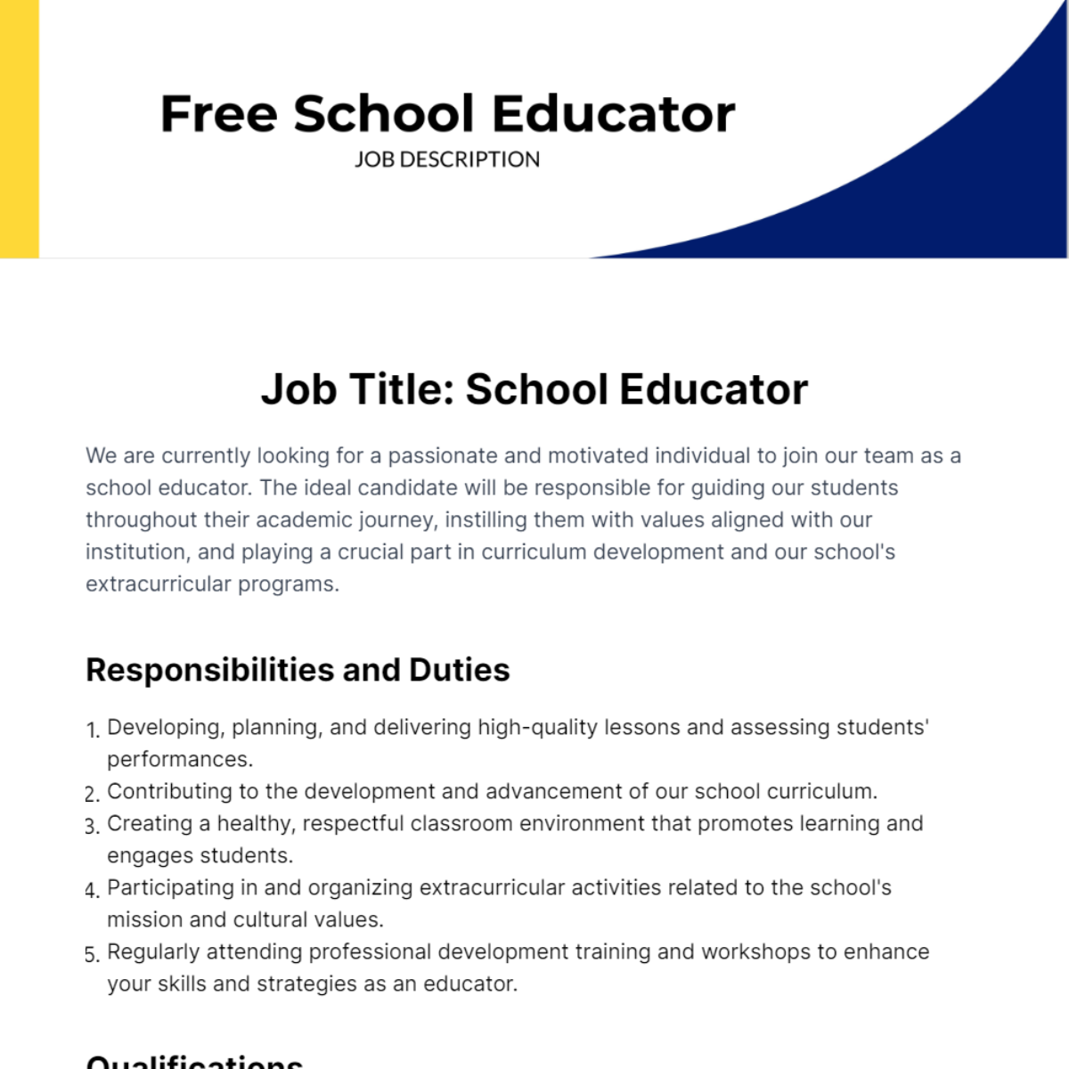 School Educator Job Description Template