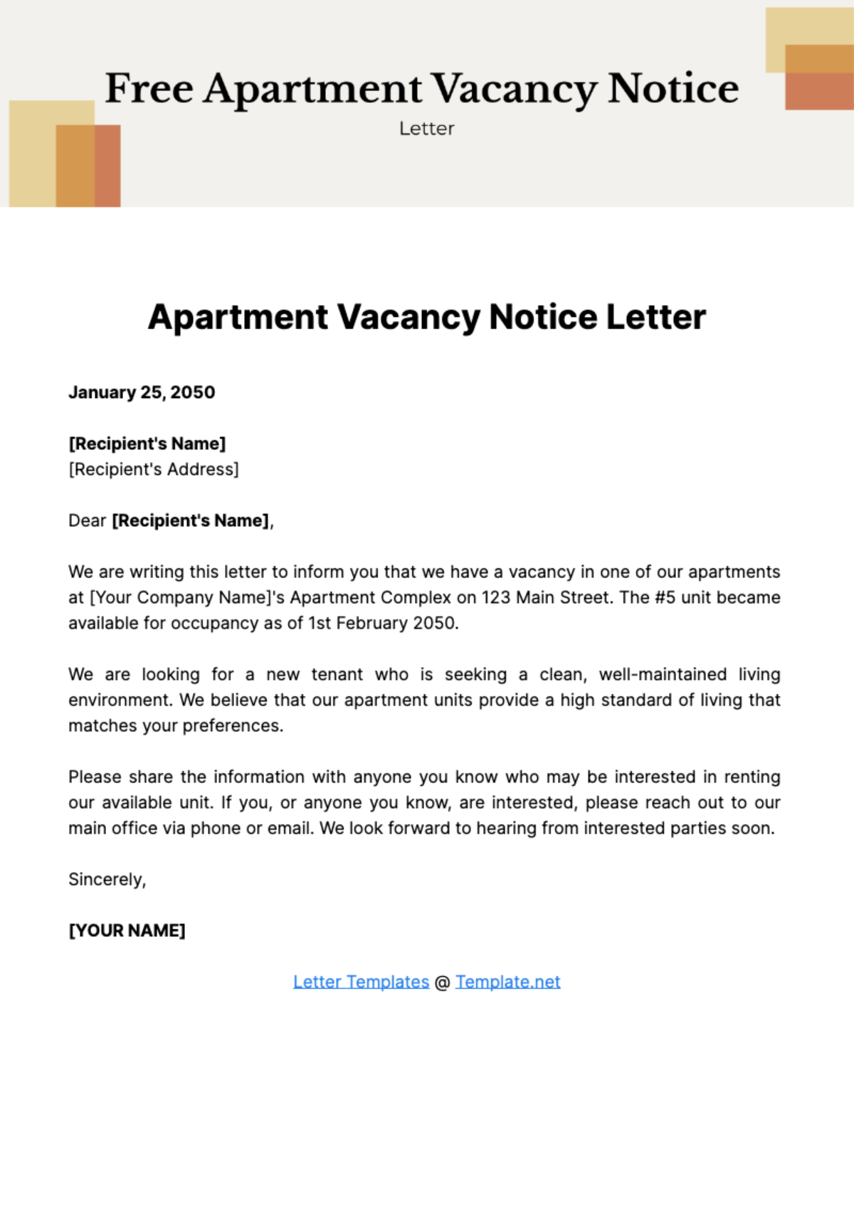 Free Apartment Vacancy Notice Letter Template