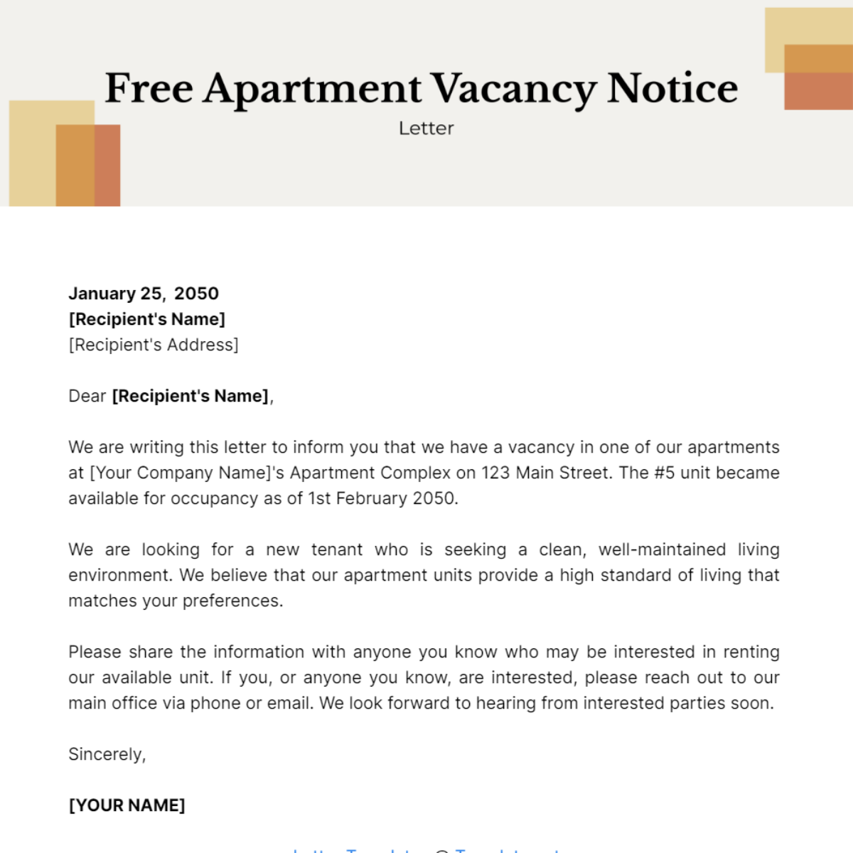 Apartment Vacancy Notice Letter Template